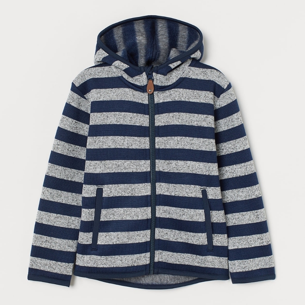 H&M Knitted Fleece Jacket Navy and Gray Striped, 4/6Y